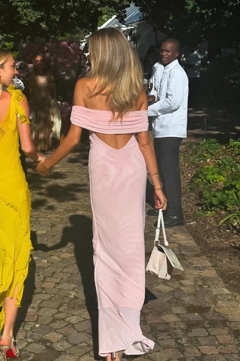 Audrey Off Shoulder Mesh Maxi Dress | Pale Pink